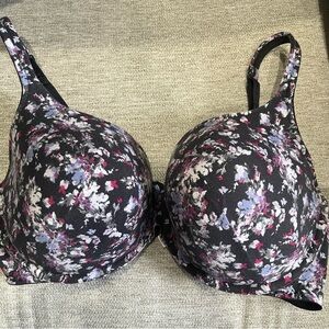 Lane Bryant Cacique 42F Black Floral Cotton Lightly Lined T-Shirt Bra Underwire